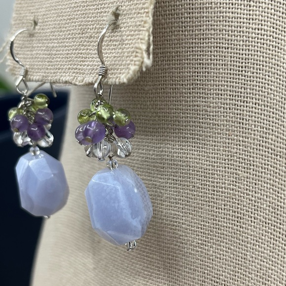 Ross-Simons Blue Agate Amethyst Peridot Quartz Cluster Dangle Earrings 11.6g - Picture 3 of 15
